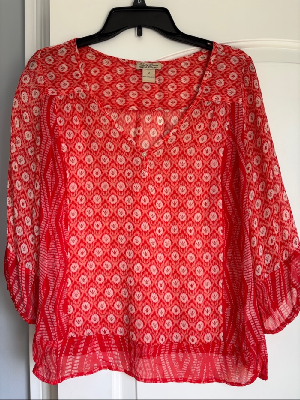 Lucky Brand Red Patterned V-Neck Tunic Blouse